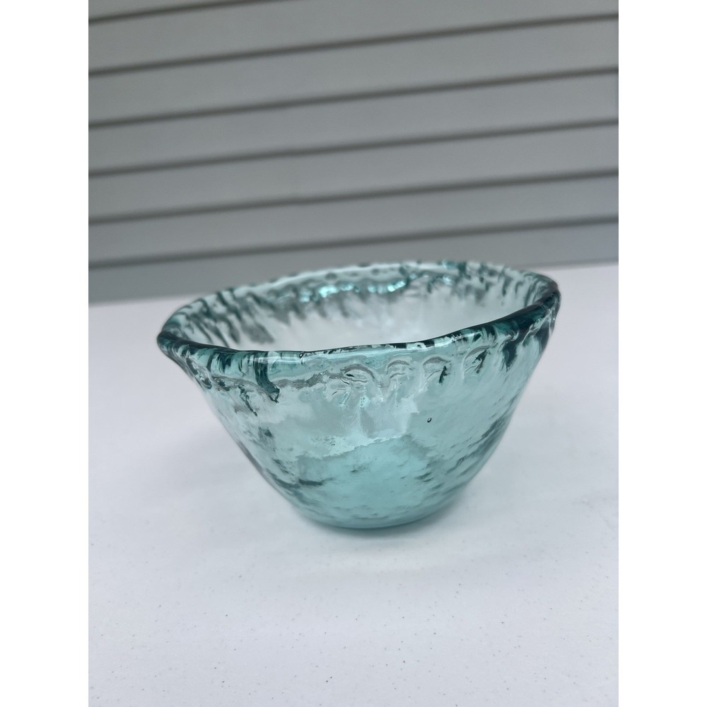 Hand Blown Recycled Glass Bowl Aqua Blue Green Bubble Artisan 6" Handmade - Picture 10 of 14